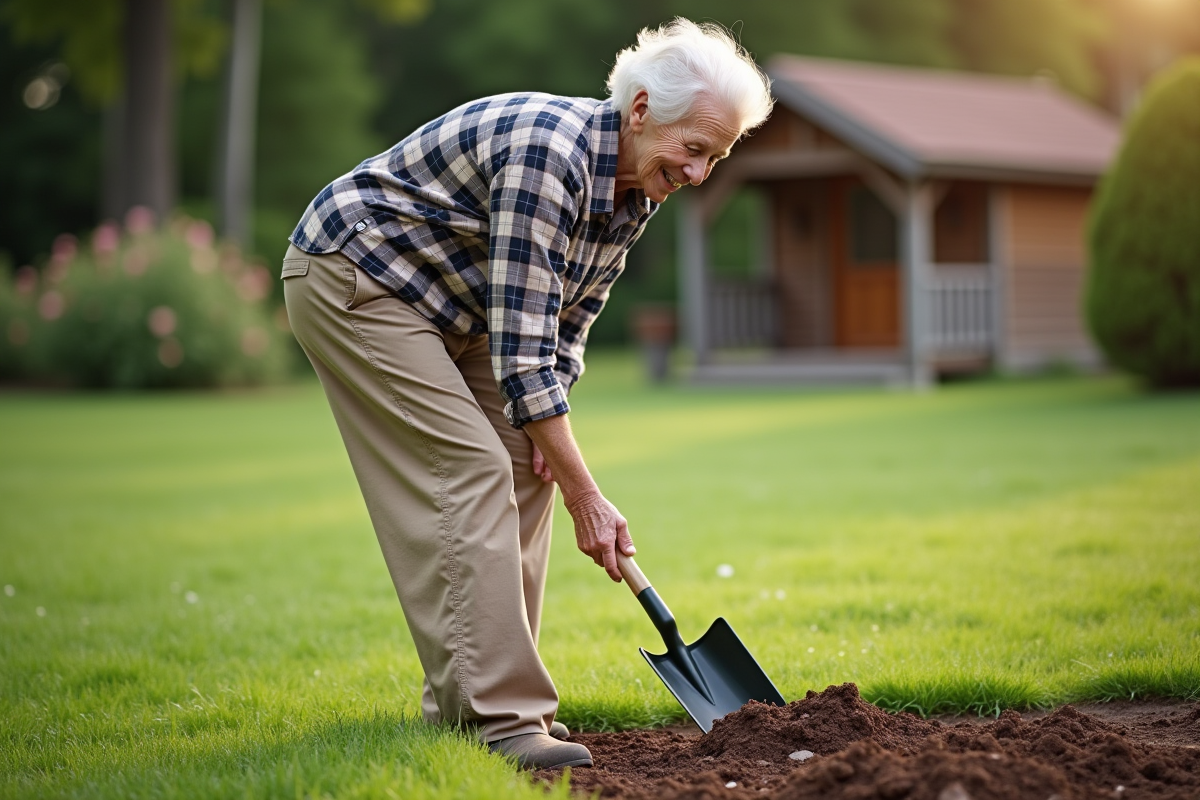 Femme âgée en jardinage étalant du paillis dans son jardin