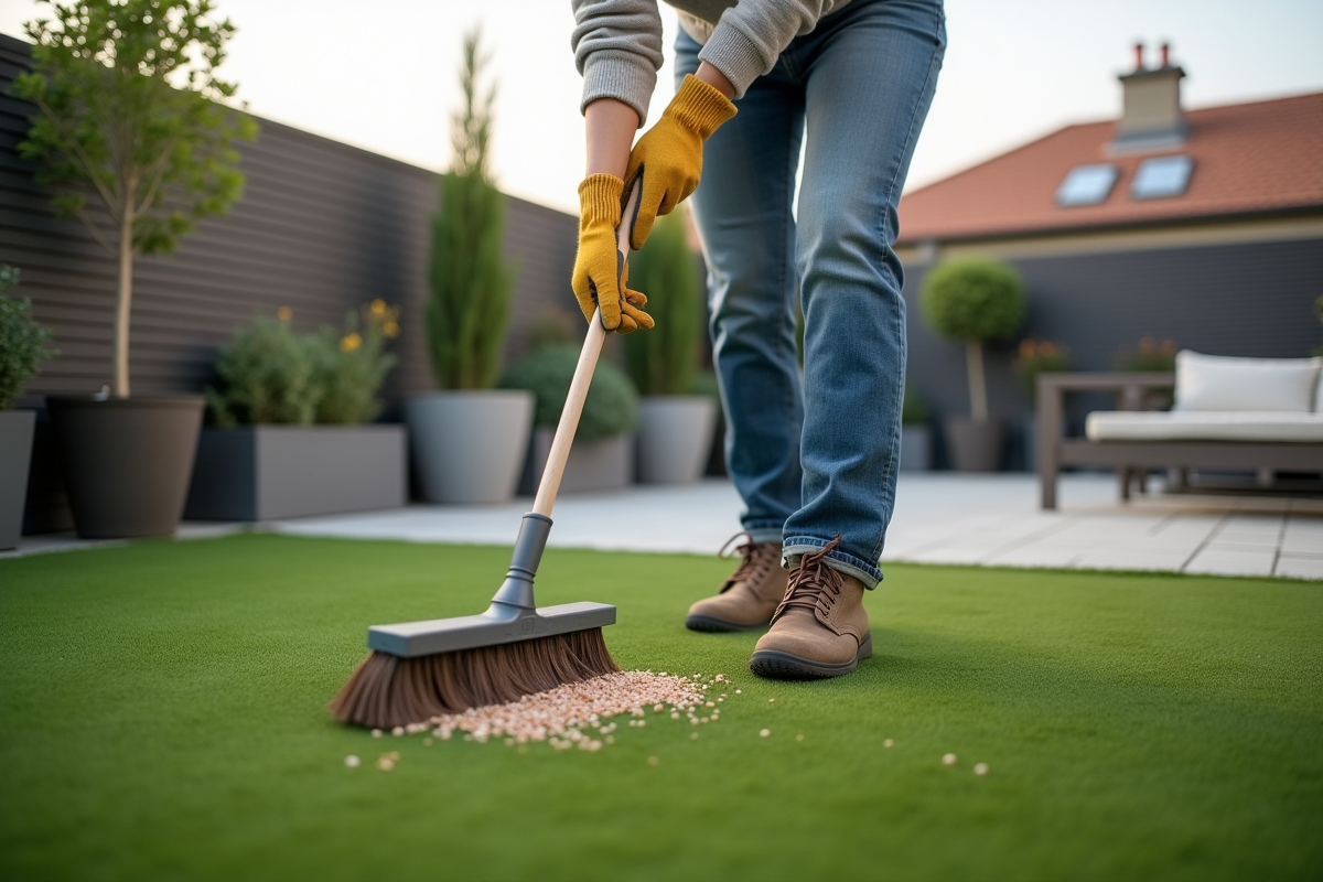 Jeune femme brossant une pelouse synthétique dans un jardin moderne