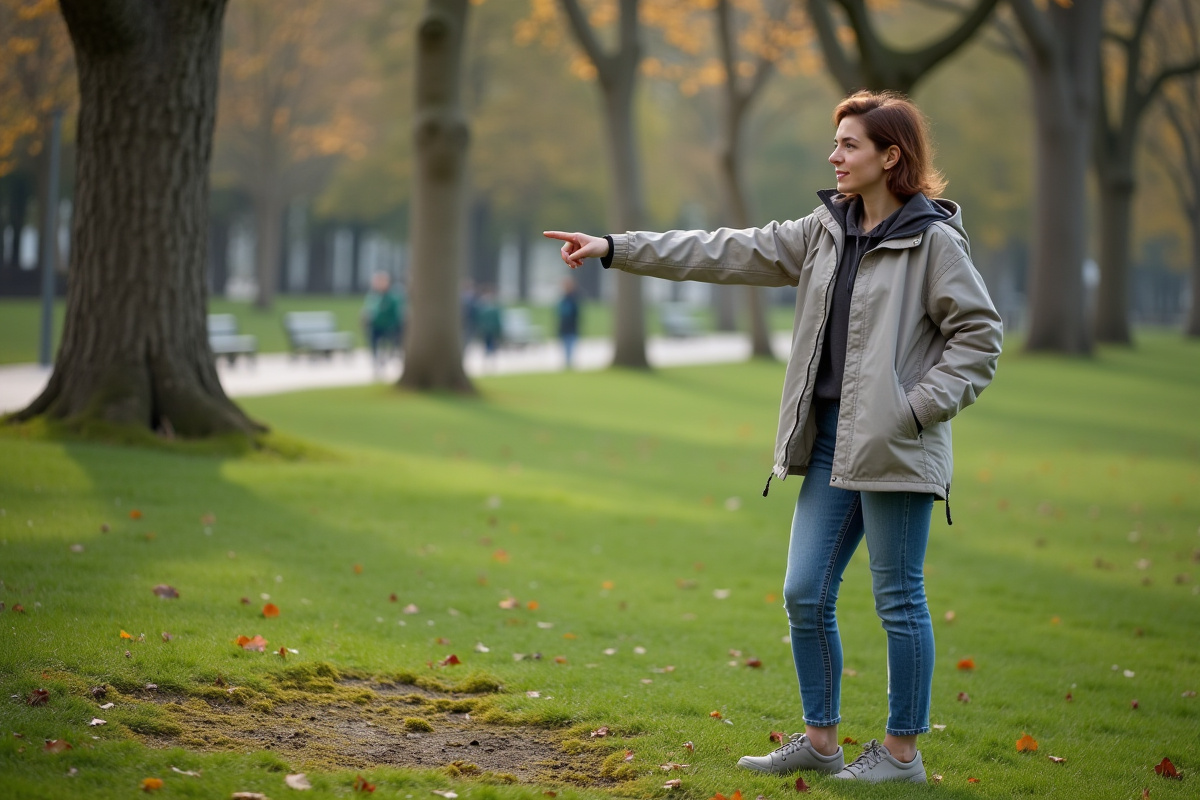 Jeune femme pointant la mousse dans le parc