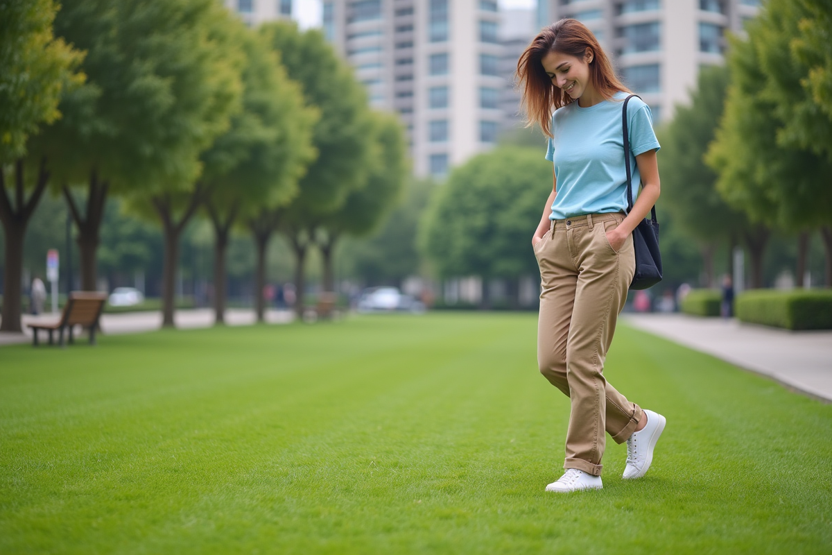 Jeune femme marchant sur le gazon dans un parc urbain