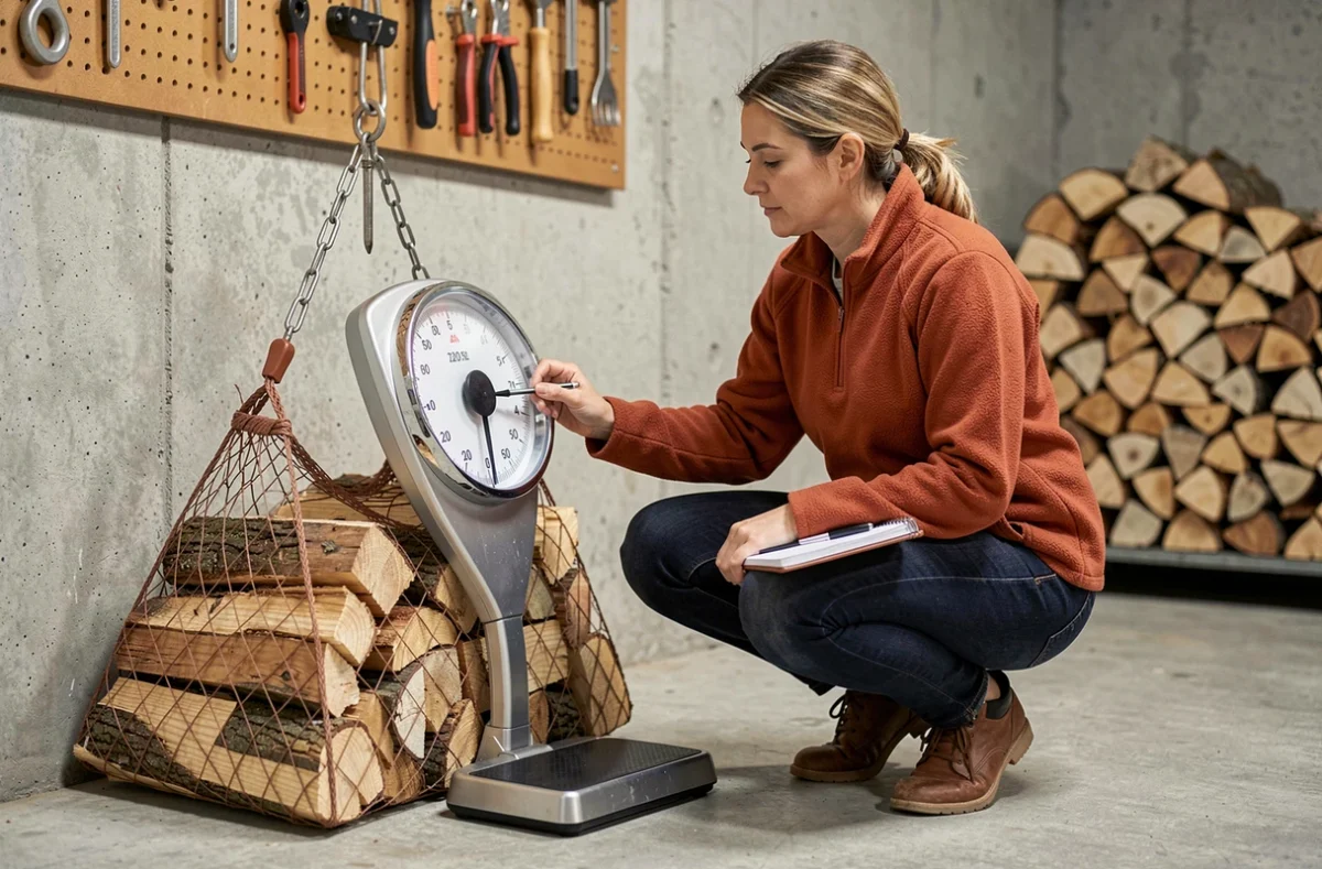 Femme pesant des bûches de bois dans un garage avec une balance numérique pour calculer le poids d'un stère, bloc-notes en main
