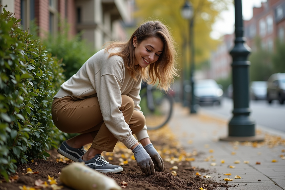 Jeune femme plantant des graines dans un jardin urbain