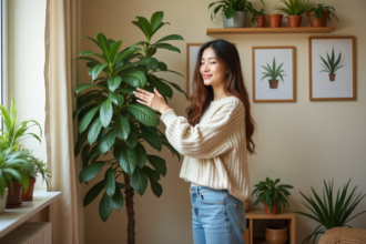 Jeune femme nettoyant des feuilles de plantes d'intérieur dans un coin cosy