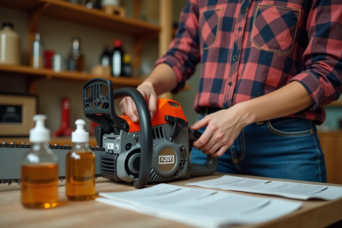 Jeune femme recharge la chaîne de sa tronçonneuse en atelier intérieur