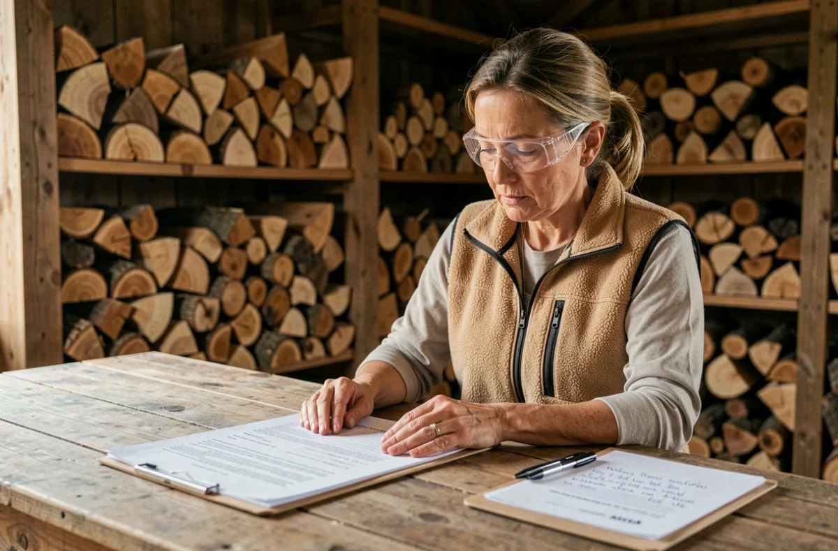 Femme consultant la réglementation sur le bois de chauffage dans une grange rustique