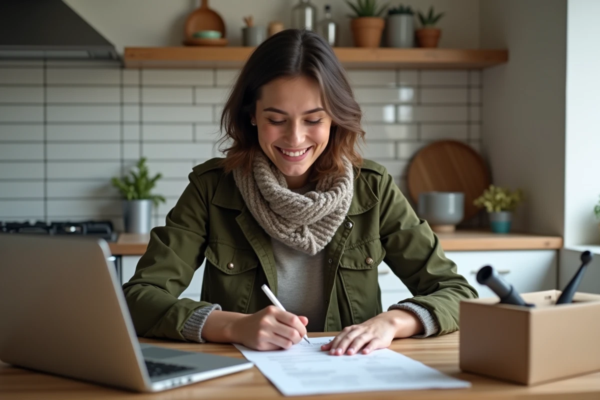 Jeune femme remplissant un formulaire de retour dans sa cuisine