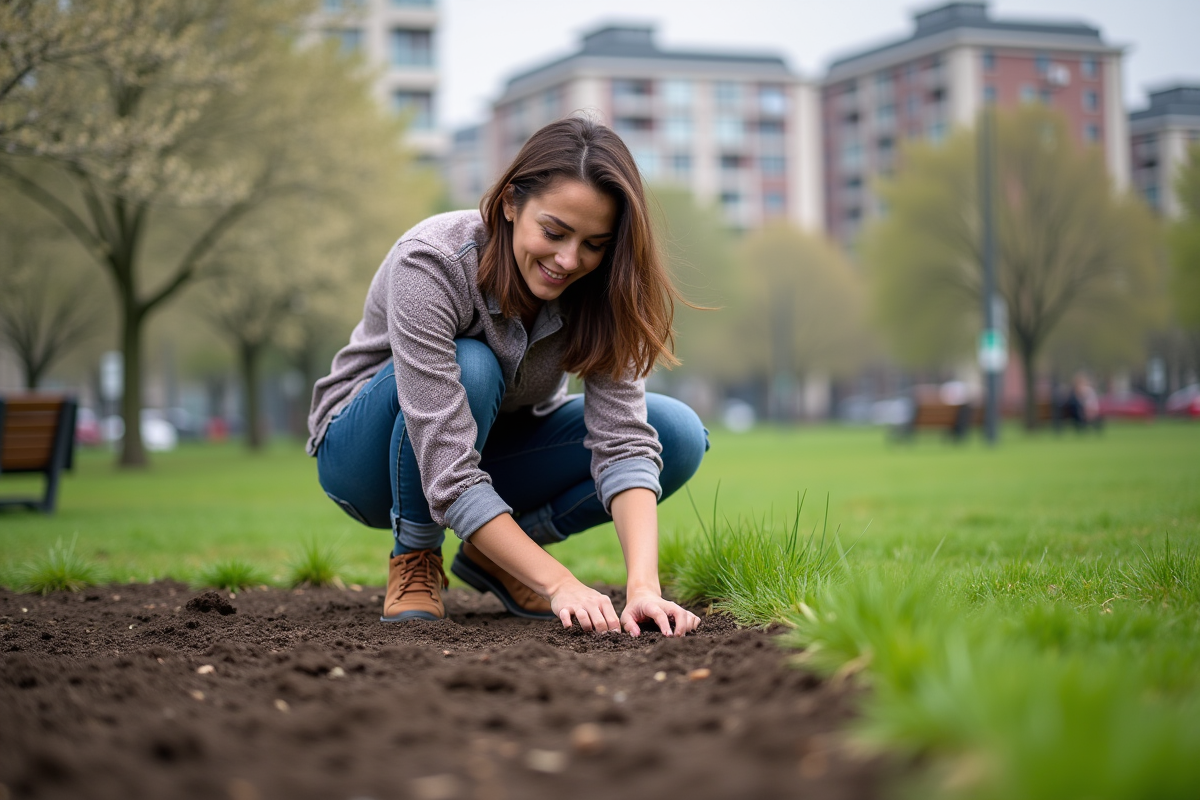 Jeune femme en jeans semant de l