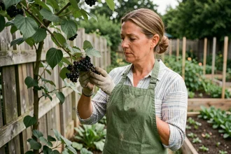 Femme examinant des baies de sureau noir dans un jardin potager pour préparer un purin naturel