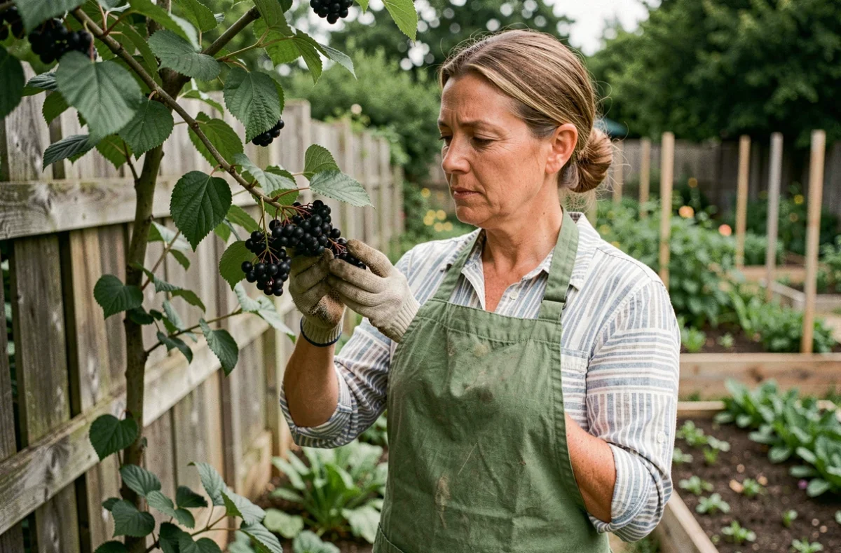 Femme examinant des baies de sureau noir dans un jardin potager pour préparer un purin naturel