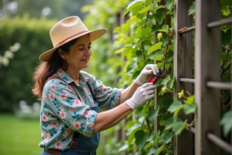 Femme en chapeau taillant une glycine dans le jardin