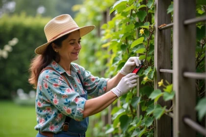 Femme en chapeau taillant une glycine dans le jardin