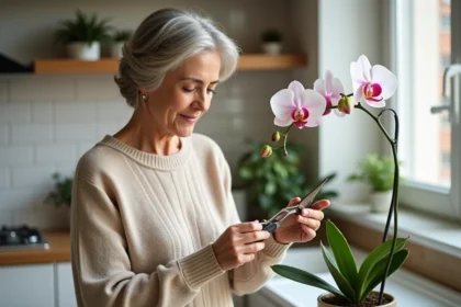 Femme taillant une orchidée phalaenopsis dans une cuisine moderne