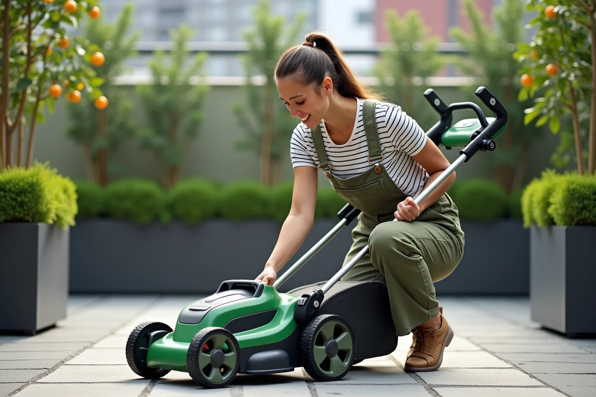 Femme inspectant la tondeuse sur une terrasse urbaine