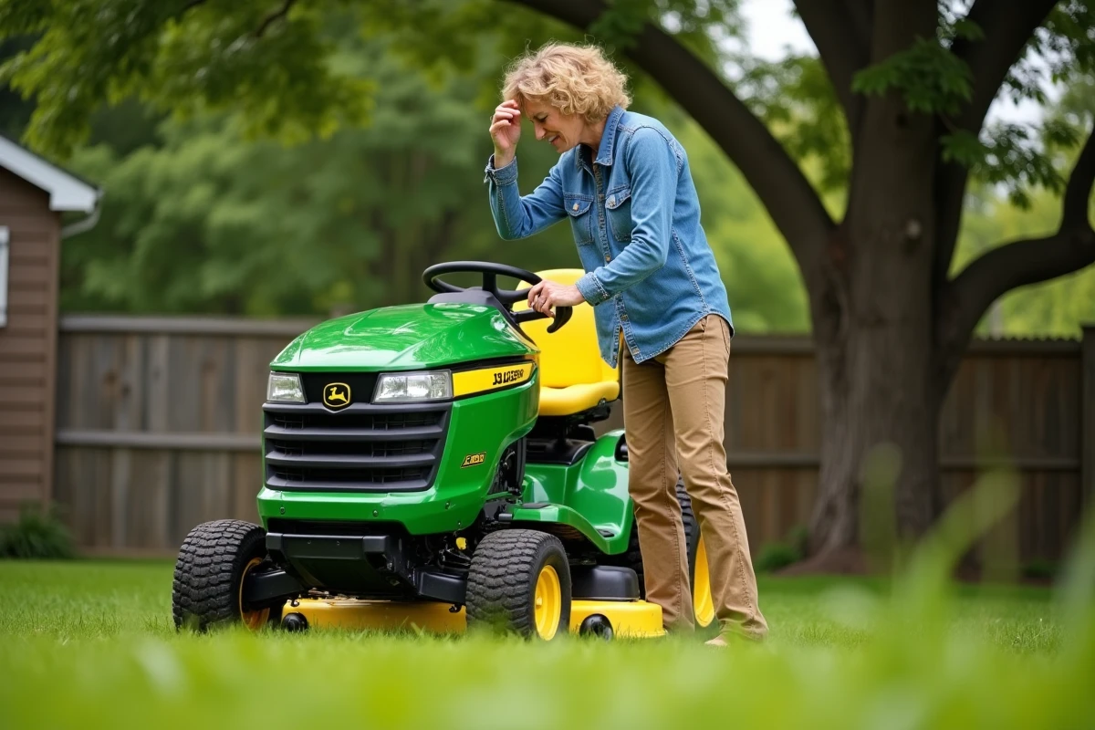 Femme testant l'enclenchement de la lame sur un tracteur tondeuse dans un jardin résidentiel