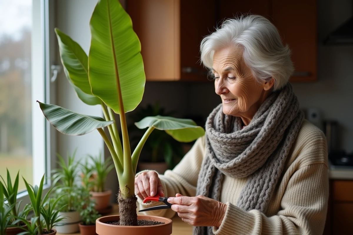 Femme âgée taillant une banane en pot dans une cuisine lumineuse