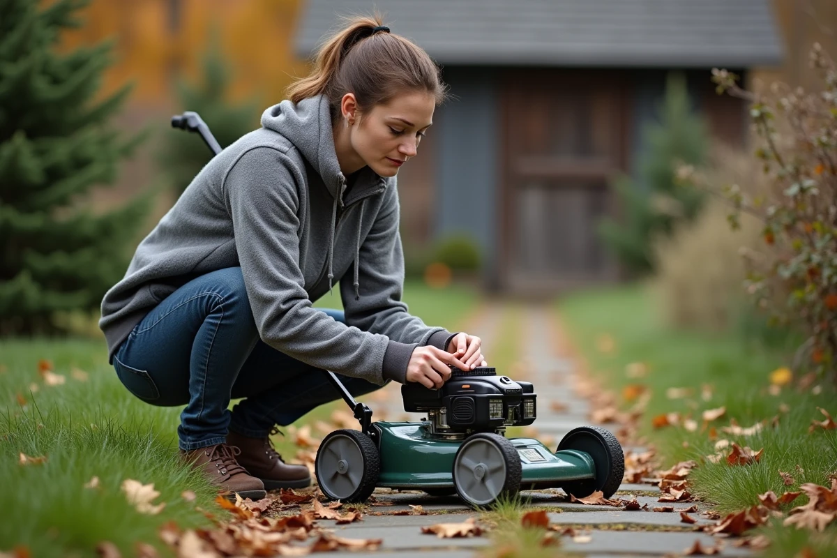 Femme vérifie la lame de la tondeuse dans un jardin en fin d