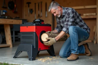 Homme utilisant une petite fendeuse de bois électrique compacte dans un garage domestique