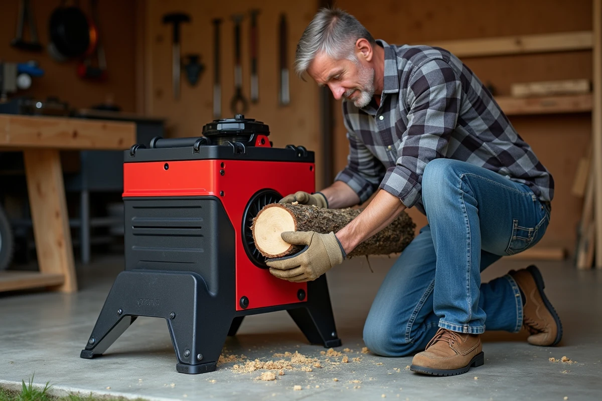 Homme utilisant une petite fendeuse de bois électrique compacte dans un garage domestique