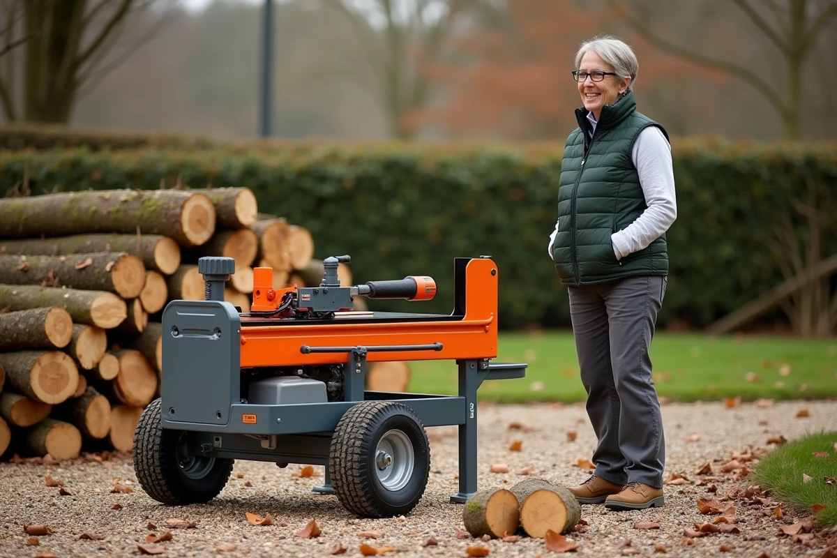 Fendeuse à bûches électrique compacte utilisée dans un jardin en automne avec pile de bois fendu