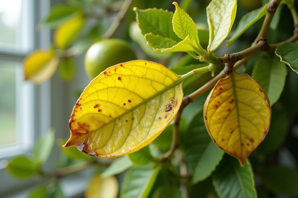 Gros plan sur feuilles de citronnier jaunes avec taches brunes symptômes de carence