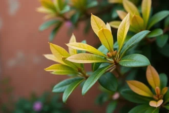 Feuilles jaunes sur un laurier rose avec signes de chlorose et fleurs roses en arrière-plan