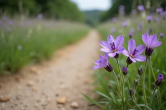 Fleurs sauvages violettes poussant au bord d'un chemin de terre en campagne française
