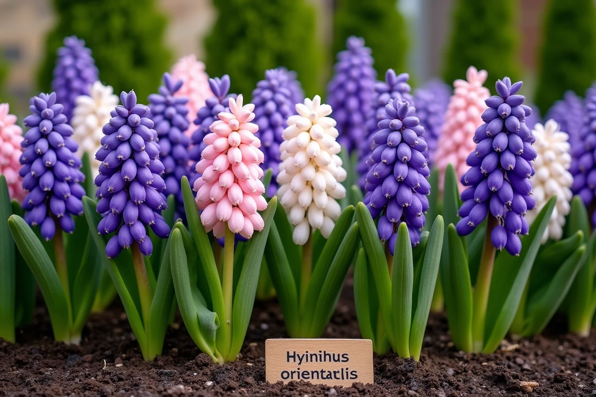 Jacinthes orientalis en pleine floraison dans un jardin printanier avec des épis floraux denses en violet, rose et blanc