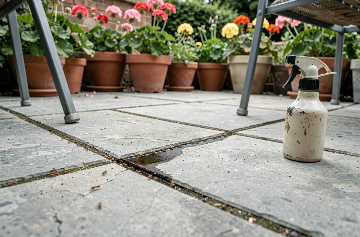 Gros plan de fourmis sur les joints d'une terrasse en pierre avec application de savon noir liquide
