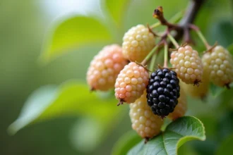 Gros plan sur des fruits de mûrier platane à différents stades de maturité, montrant des drupes blanches, rosées et violet foncé sur une branche feuillue