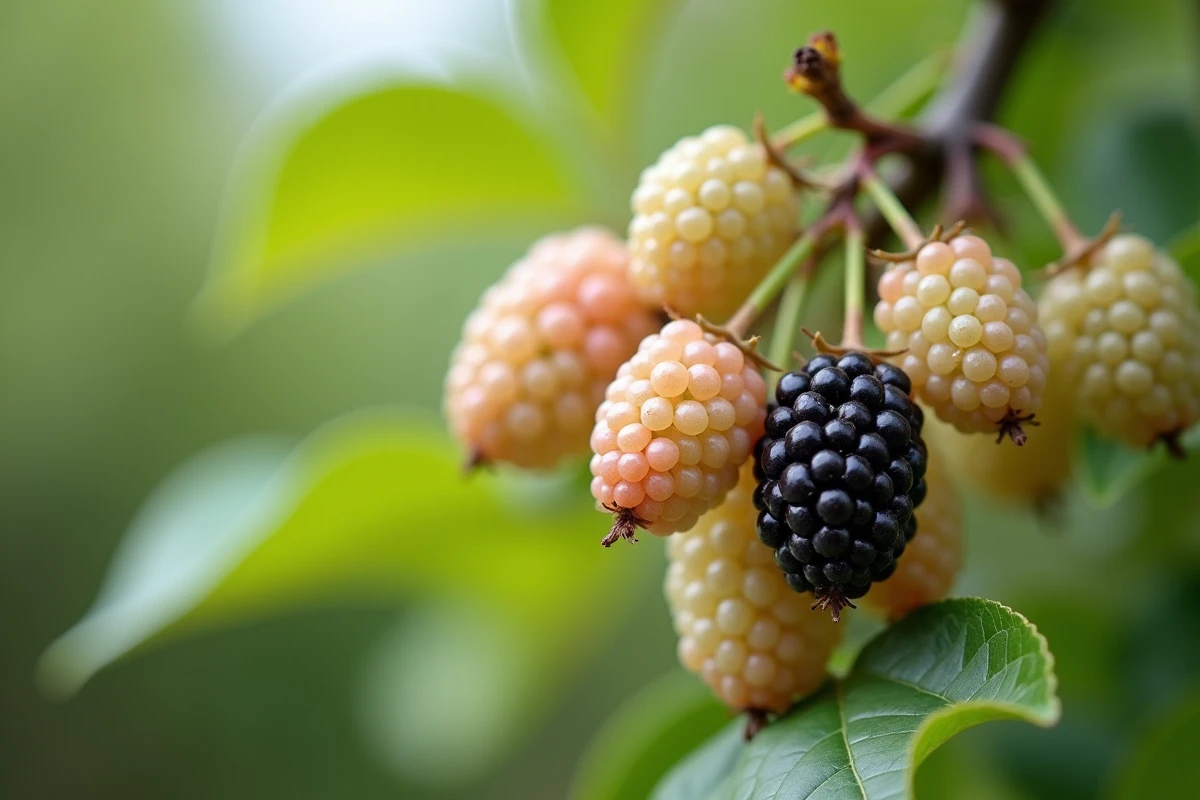 Gros plan sur des fruits de mûrier platane à différents stades de maturité, montrant des drupes blanches, rosées et violet foncé sur une branche feuillue