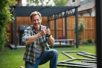 Tonnelle installée dans un jardin en été avec des chaises et une table