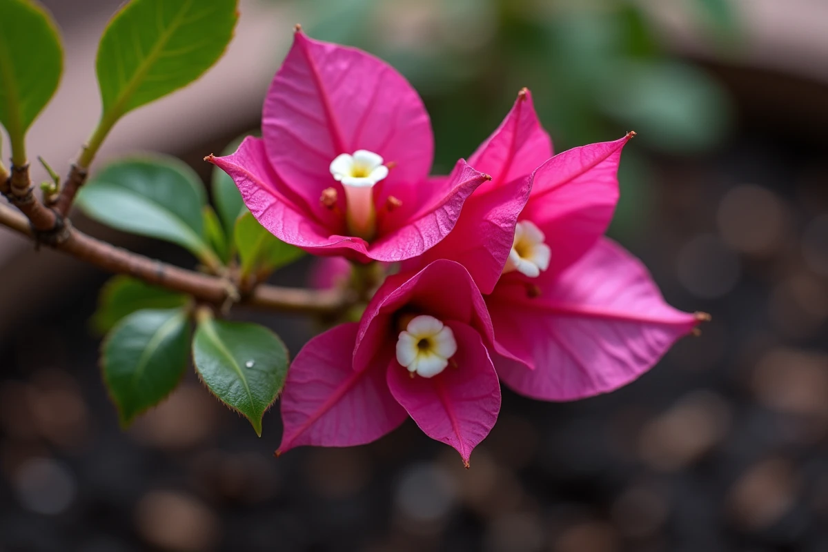 Gros plan sur les bractées et fleurs d'un bougainvillier montrant les détails de la tige, des épines et des feuilles