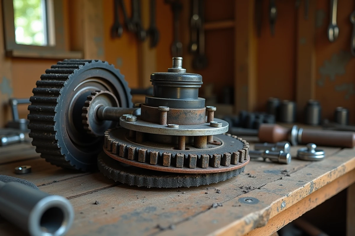Gros plan sur le mécanisme d'embrayage électromagnétique PTO usé d'un tracteur tondeuse