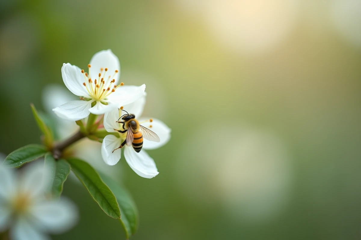 Gros plan sur une grappe de fleurs blanches d'arbuste au printemps avec une abeille butinant les étamines