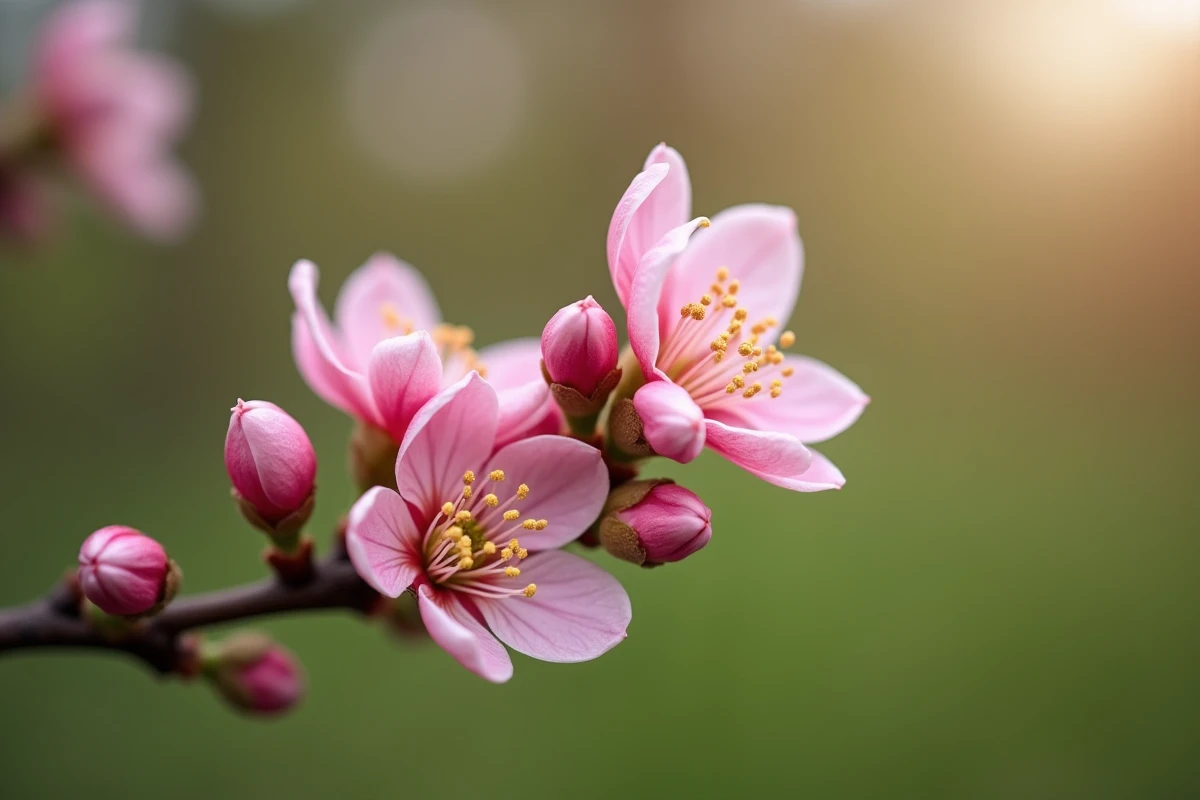 Gros plan sur une branche d'arbuste fleuri rose au printemps avec des bourgeons et des fleurs épanouies