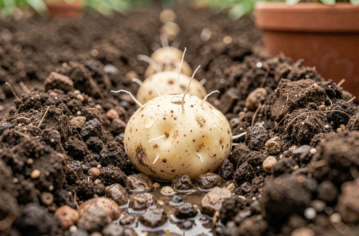 Gros plan sur des tubercules de pommes de terre primeurs en cours de germination dans un sillon de terre humide