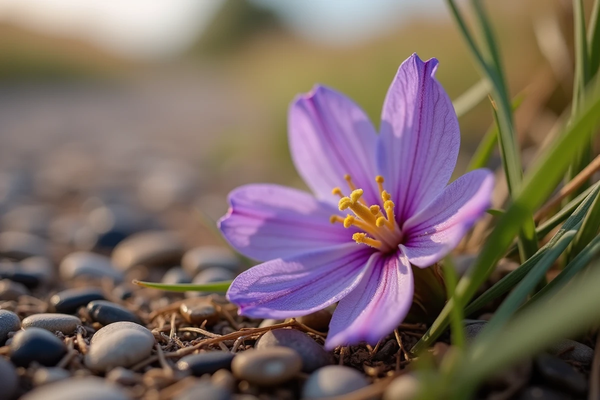 Gros plan macro d'une fleur sauvage violette avec détail des pétales et des étamines au bord d'un chemin