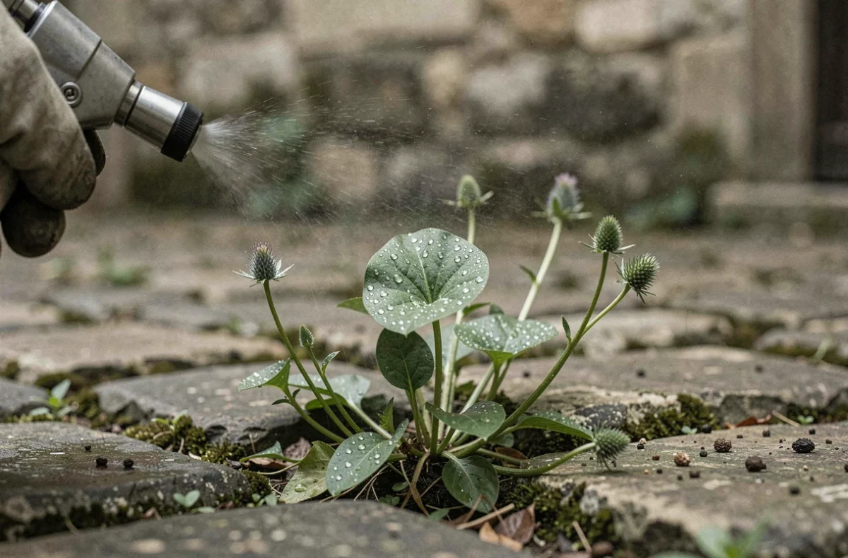 Gros plan de mauvaises herbes entre des pavés traités au vinaigre, avec gouttelettes visibles sur les feuilles