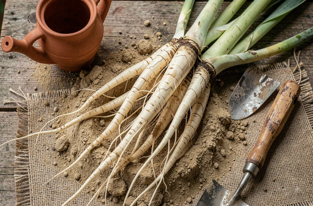 Gros plan sur les racines de yucca extraites du sol montrant des signes de stress hydrique