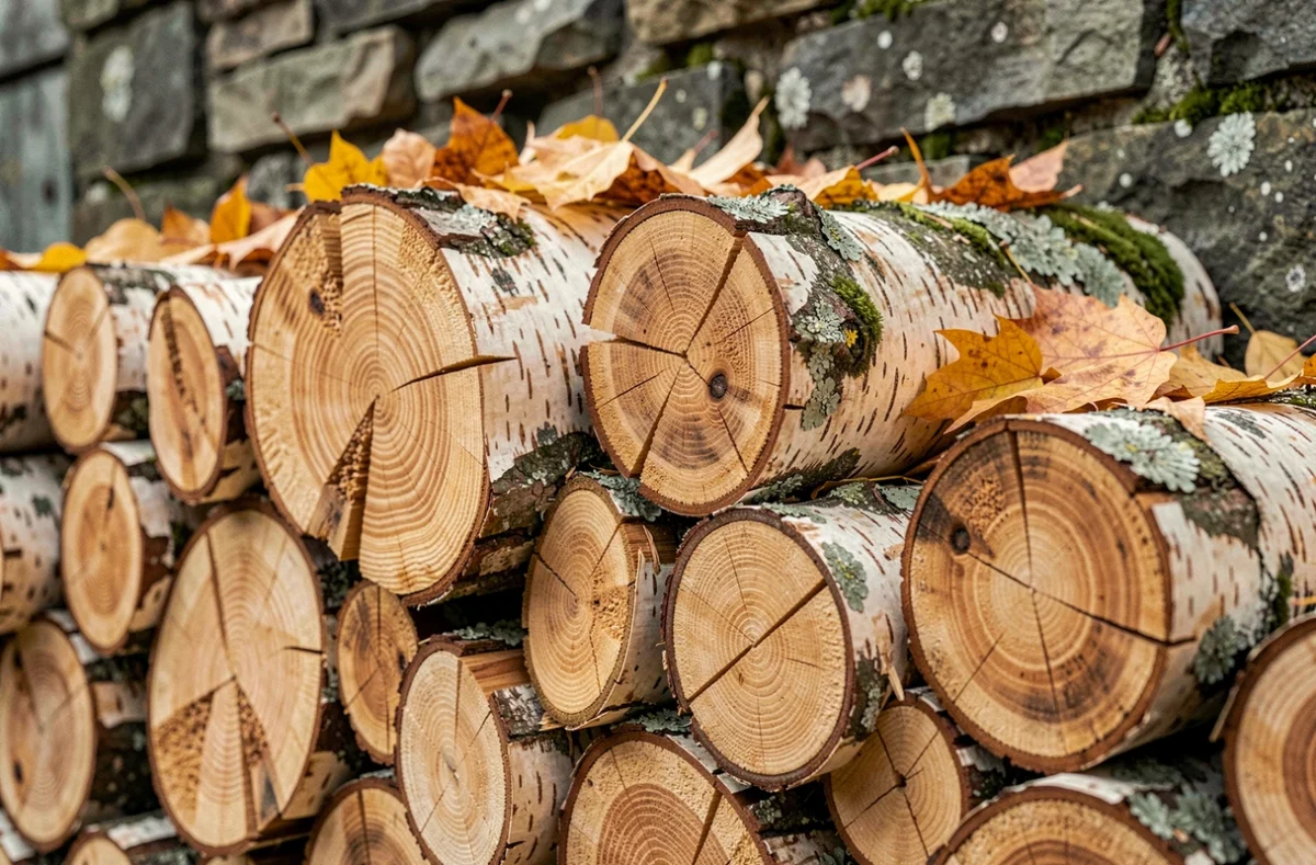 Gros plan sur des bûches de bouleau et de hêtre empilées en stère, sections transversales révélant les cernes de croissance, mur en pierre et feuilles d'automne