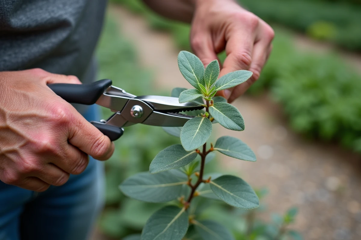 Gros plan sur des mains expérimentées utilisant un sécateur pour tailler une tige de sauge arbustive au-dessus d'un bourgeon, technique précise pour favoriser la repousse et la floraison