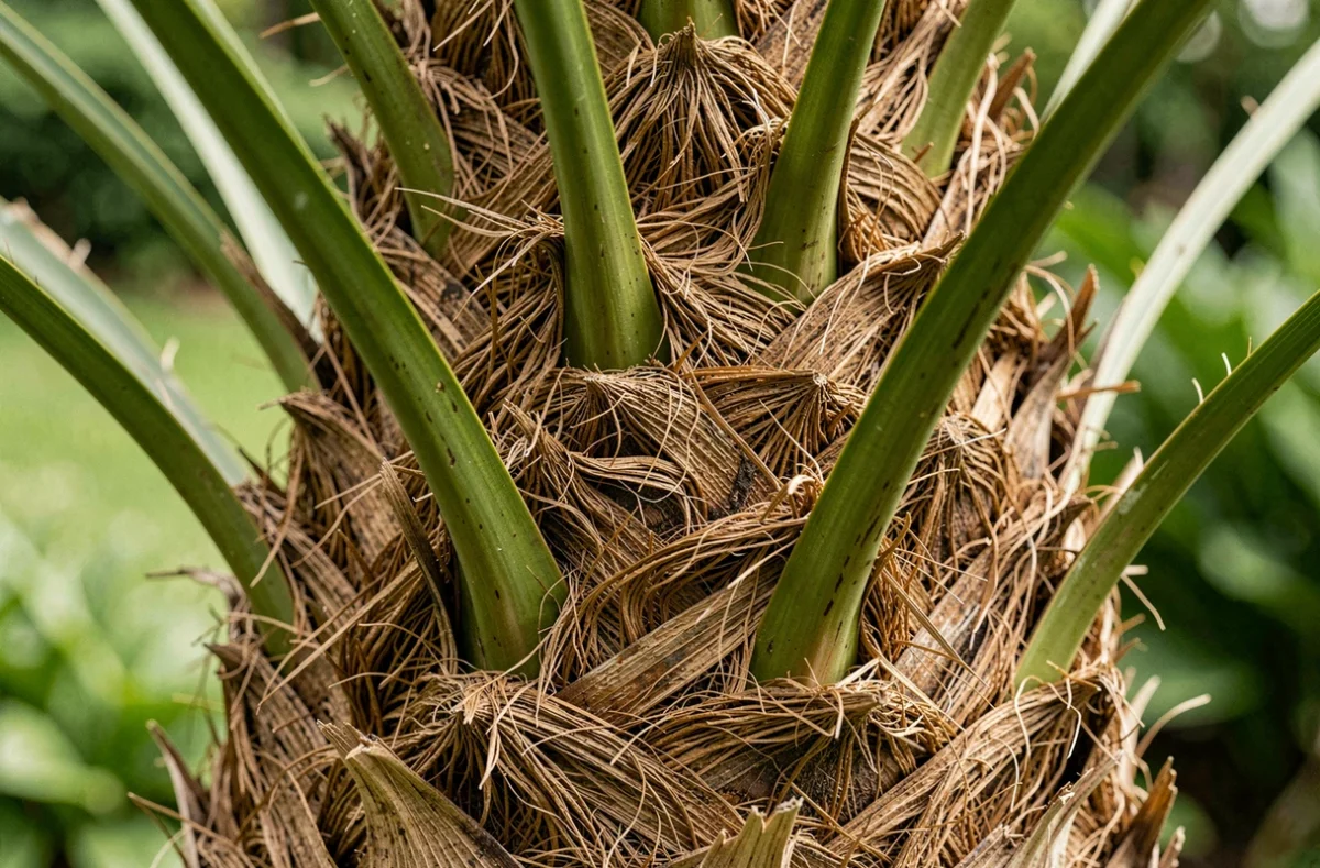 Gros plan sur le tronc fibreux et les pétioles d'un Trachycarpus fortunei en haie brise-vue de jardin