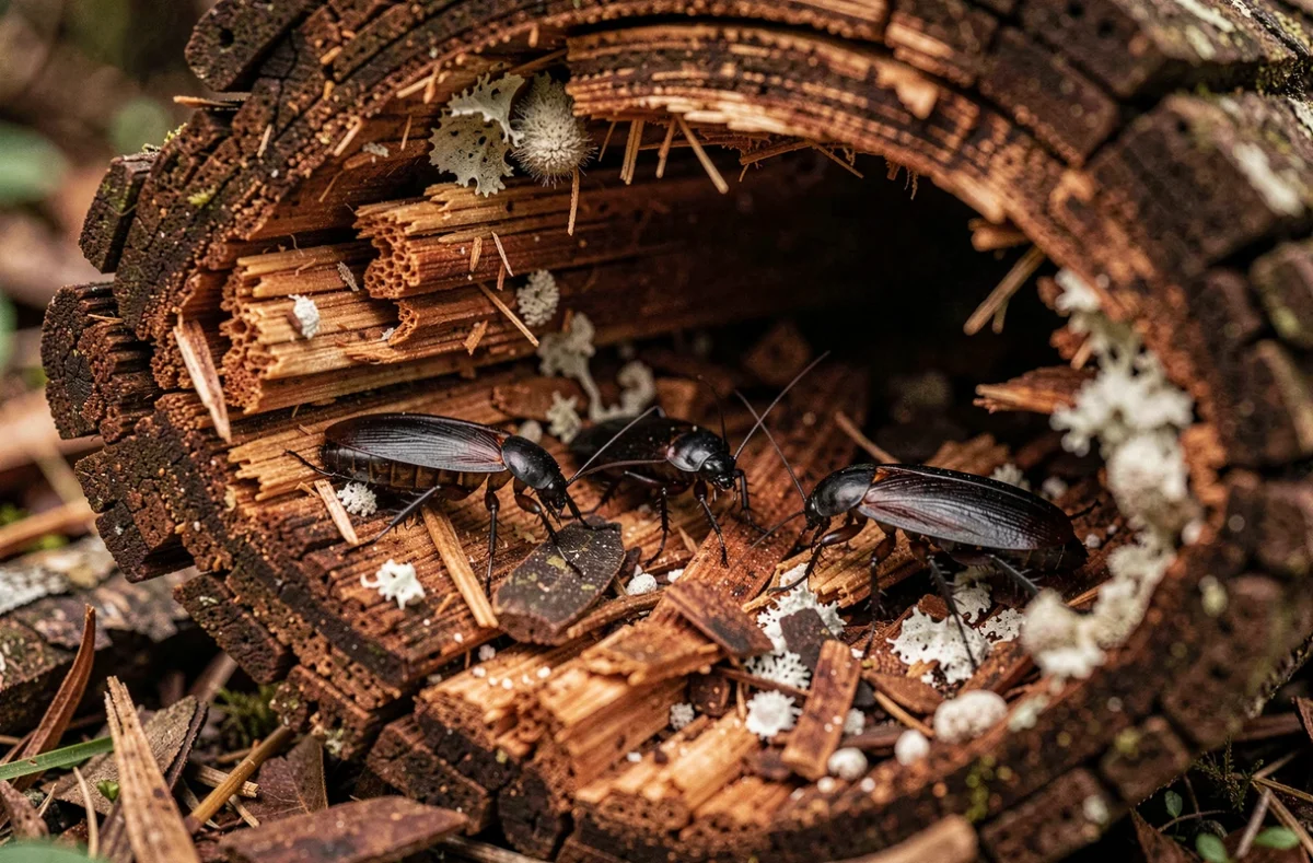 Groupe de cafards de jardin noirs adultes et nymphes réunis dans un tronc d'arbre en décomposition