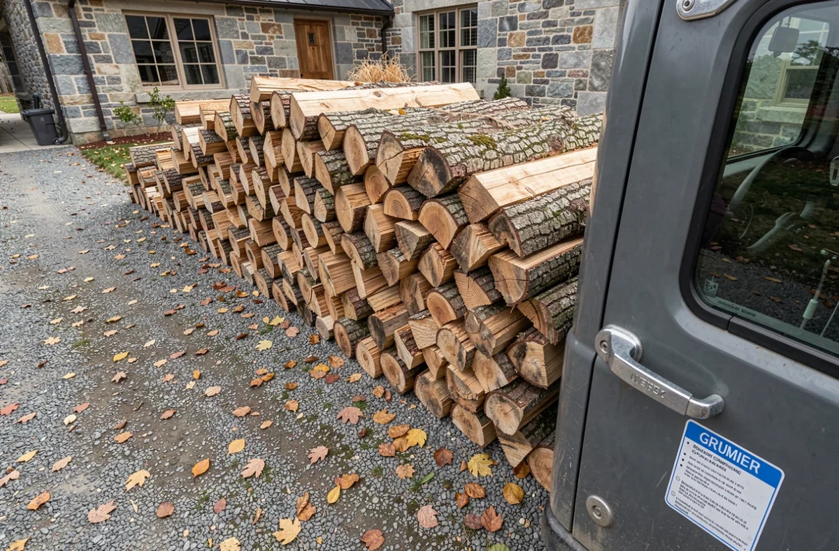Grumier de livraison de bois de chauffage stationné devant une ferme en pierre avec stère de bois empilé