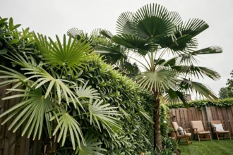 Haie brise-vue de Trachycarpus fortunei en jardin urbain avec palmiers chanvre formant un écran végétal dense