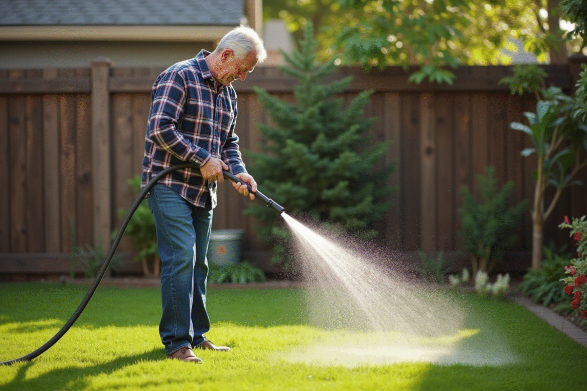 Homme d'âge moyen arrosant la pelouse avec un tuyau
