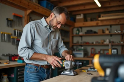Homme d'âge moyen inspectant un outil électrique dans son garage