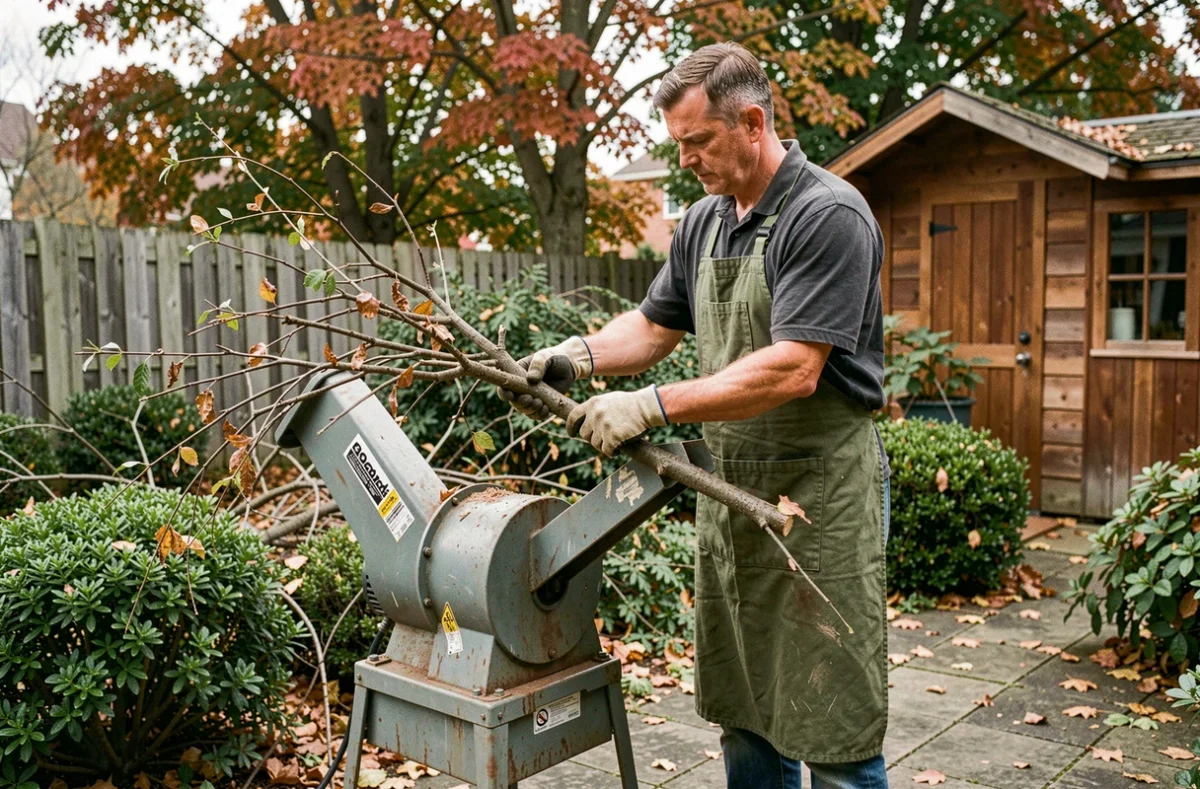Homme utilisant un broyeur de végétaux électrique dans un jardin résidentiel en automne