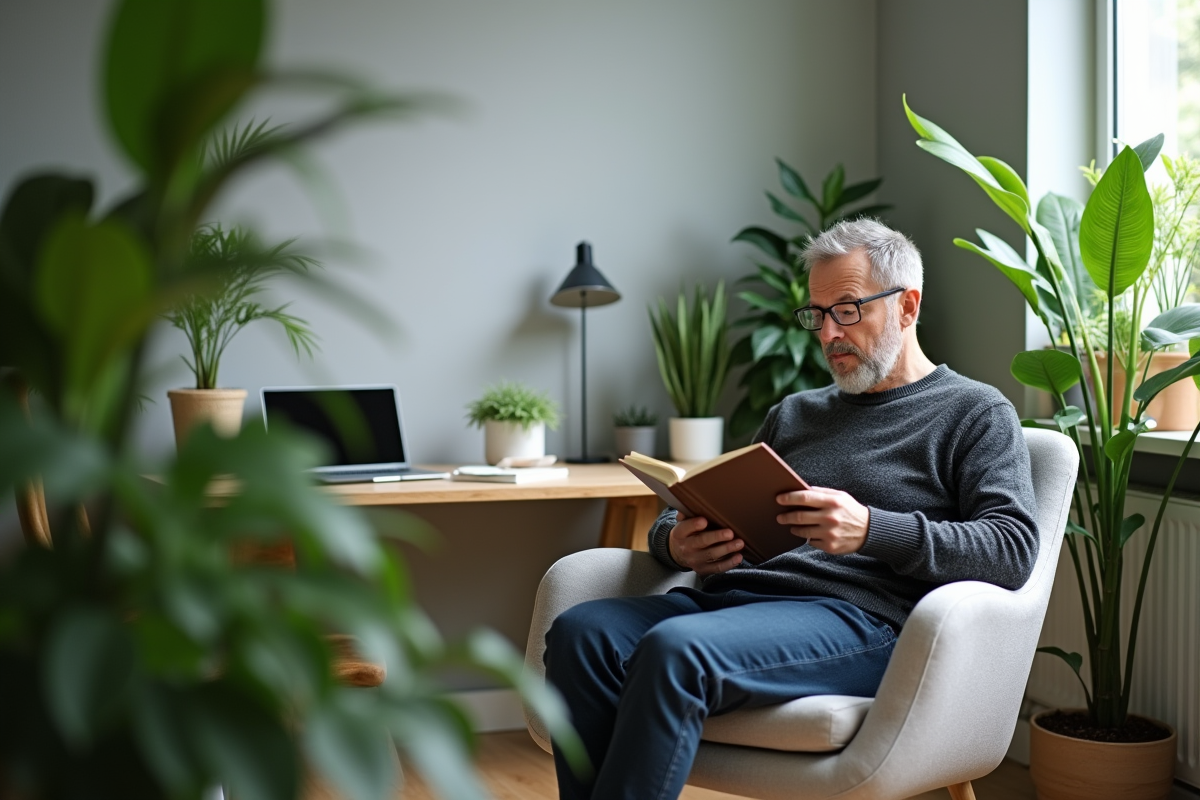 Homme lisant un livre entouré de plantes dans un bureau sans fenêtres