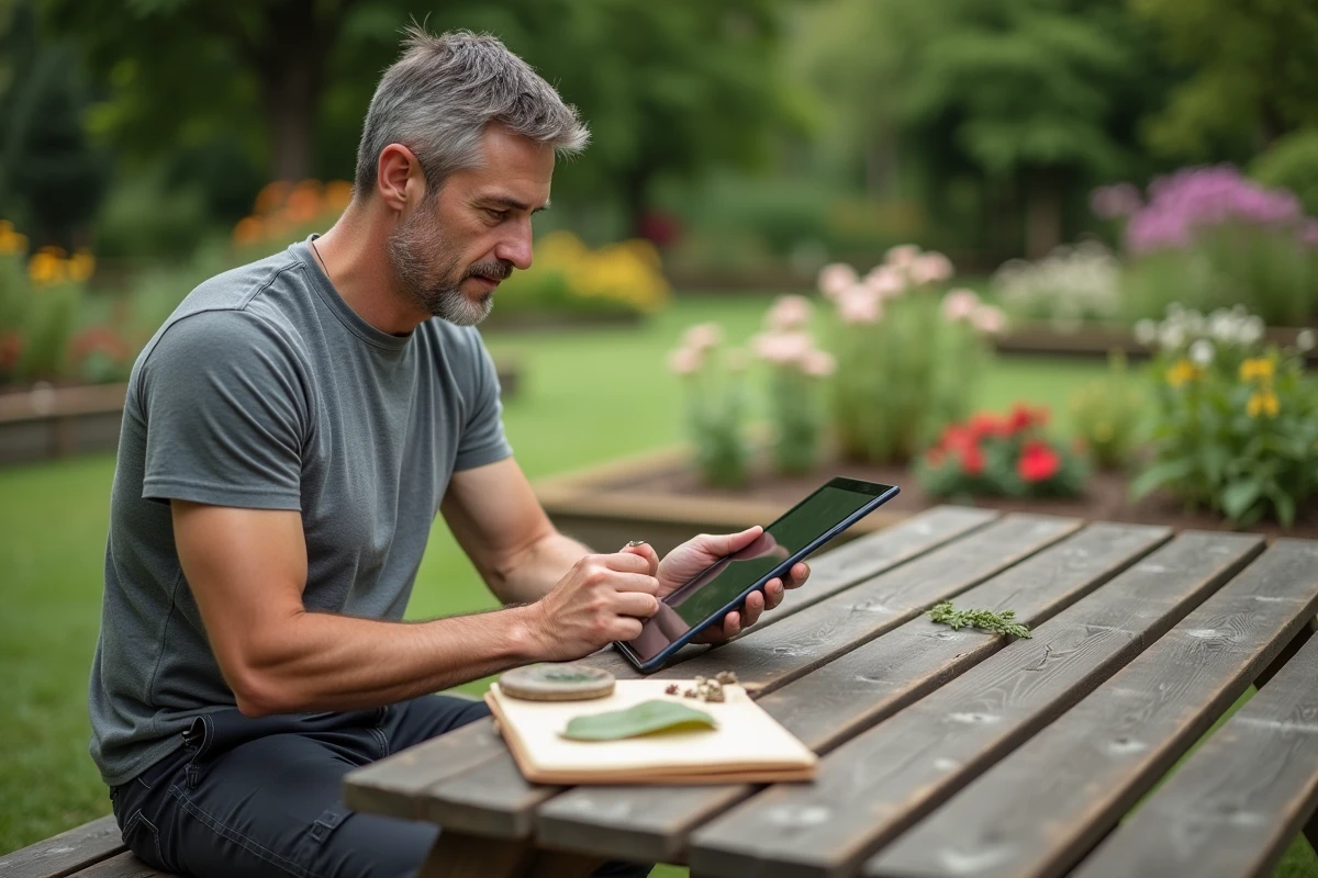Homme consultant son carnet de terrain numérique PlantNet sur tablette dans un jardin botanique